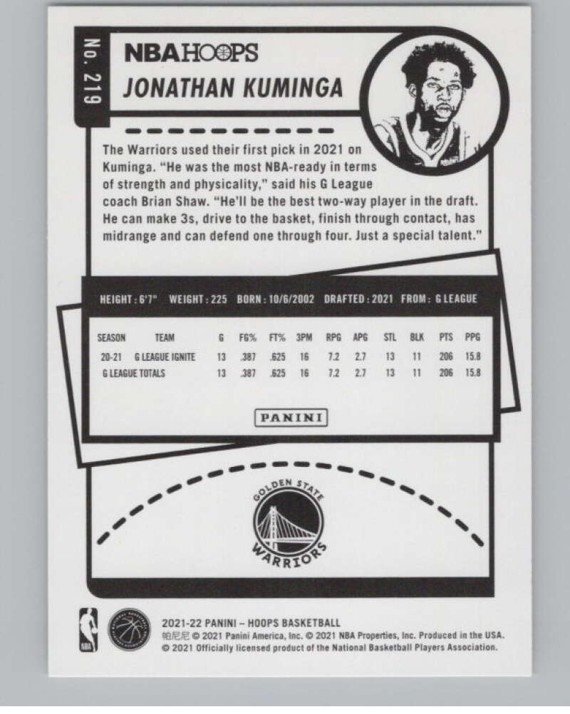 2021-22 Panini Hoops #219 Jonathan Kuminga RC Rookie Warriors  V101366 Image 2
