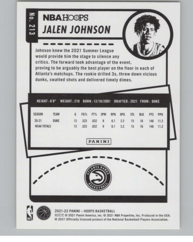 2021-22 Panini Hoops Yellow #213 Jalen Johnson  RC Rookie Hawks  V101367 Image 2