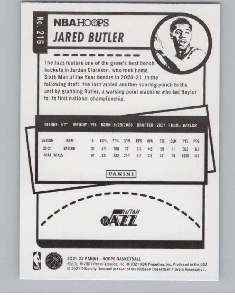 2021-22 Panini Hoops Teal Explosion #216 Jared Butler RC Rookie Jazz  V101368 Image 2
