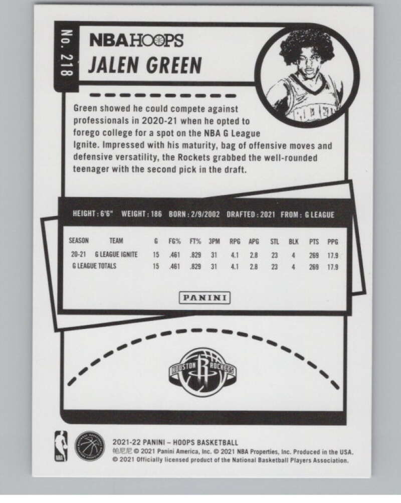 2021-22 Panini Hoops Purple #218 Jalen Green  RC Rookie Houston Rockets  V101369 Image 2