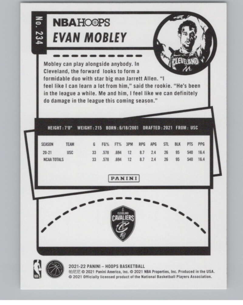 2021-22 Panini Hoops #234 Evan Mobley  RC Rookie Cleveland Cavaliers  V101370 Image 2