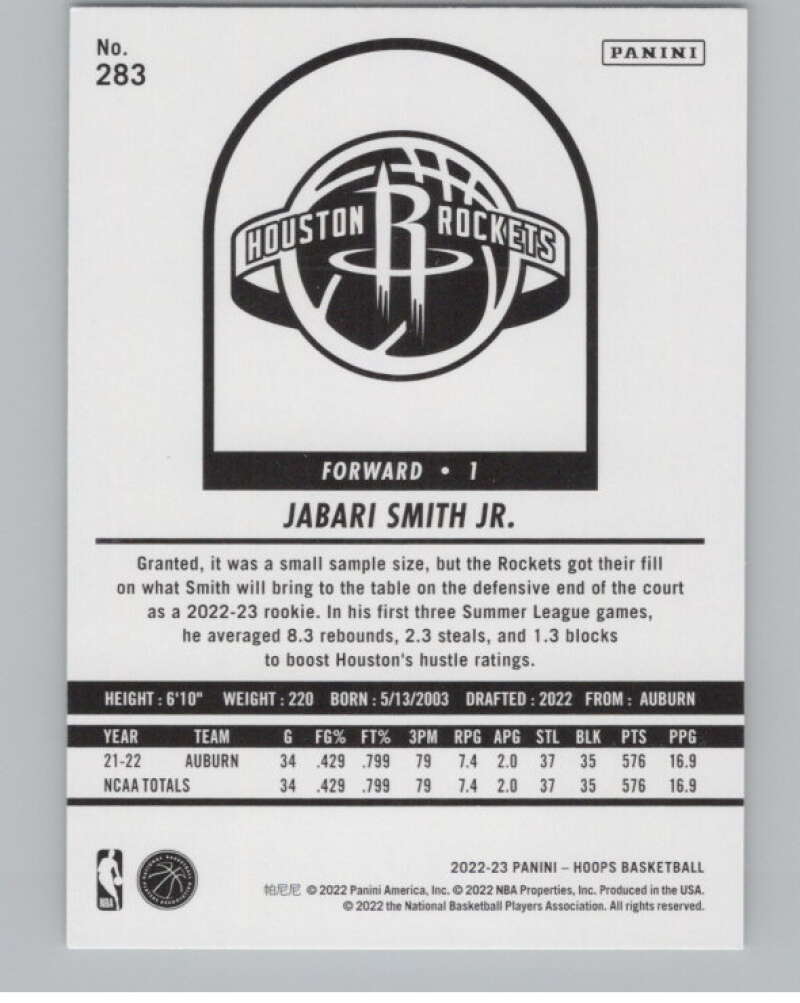 2022-23 Panini NBA Hoops #283 Jabari Smith Jr.  Houston Rockets  V101371 Image 2