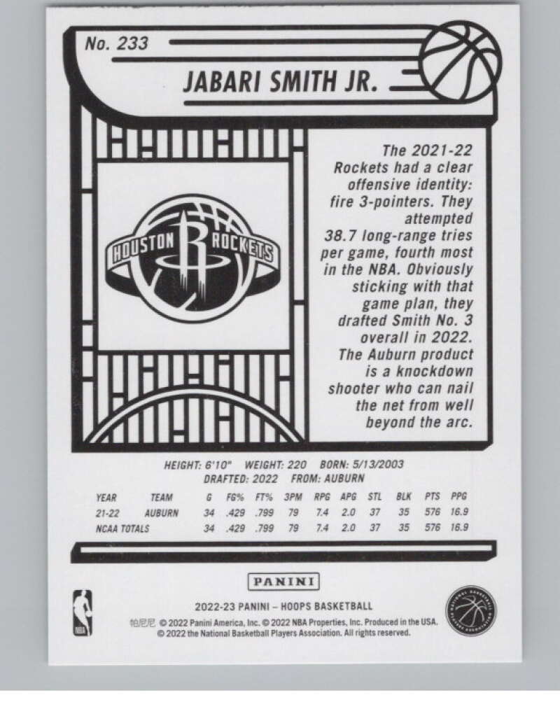 2022-23 Panini NBA Hoops #233 Jabari Smith Jr. RC Rookie Rockets  V101372 Image 2