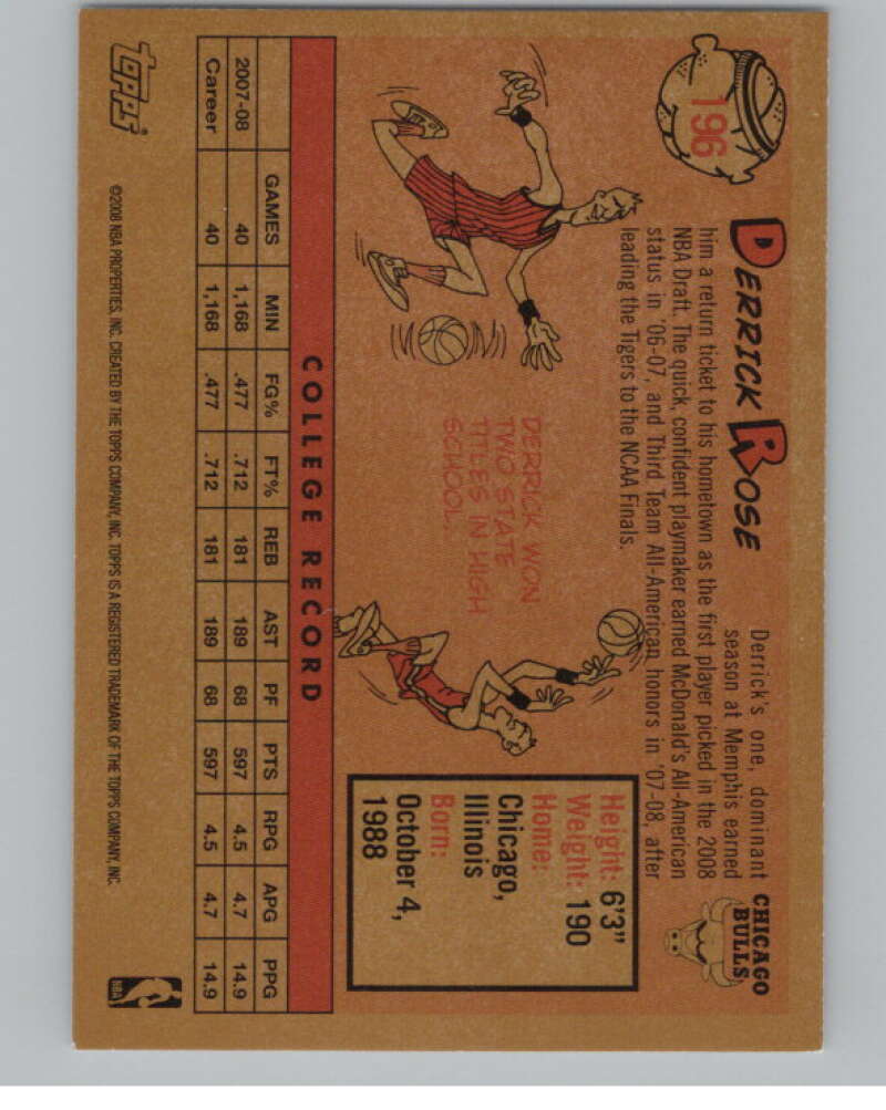 2008-09 Topps 1958-59 Variations #196 Derrick Rose  Chicago Bulls  V101378 Image 2