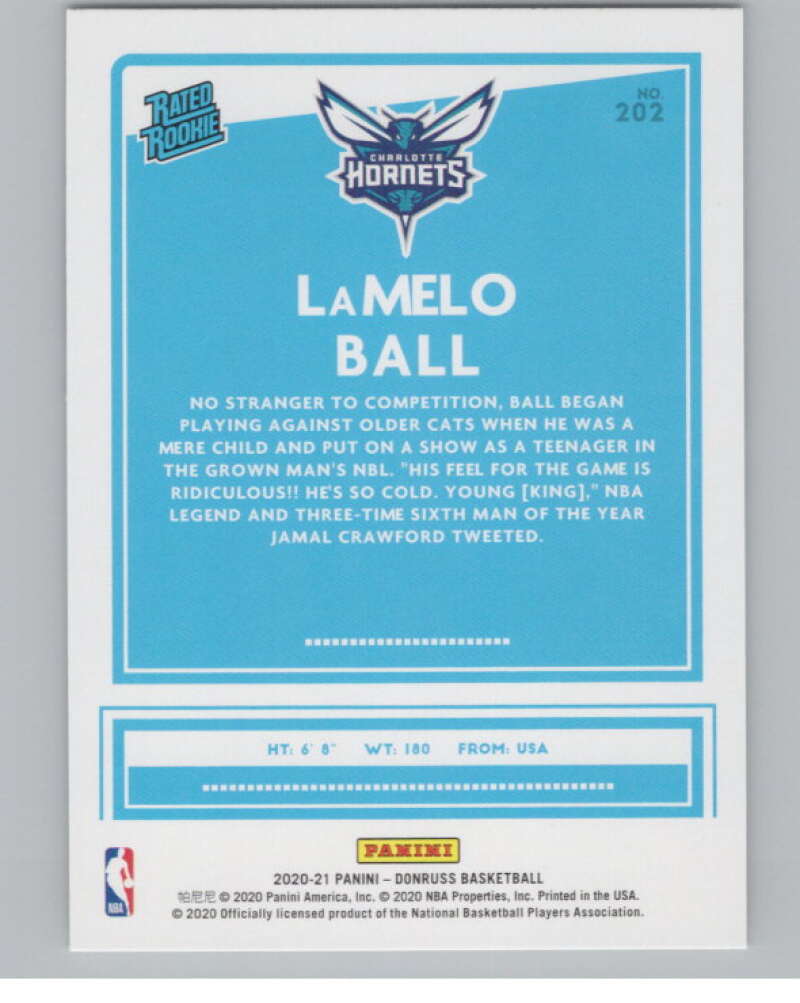 2020-21 Donruss #202 LaMelo Ball Rated Rookies RC Rookie Hornets  V101380 Image 2