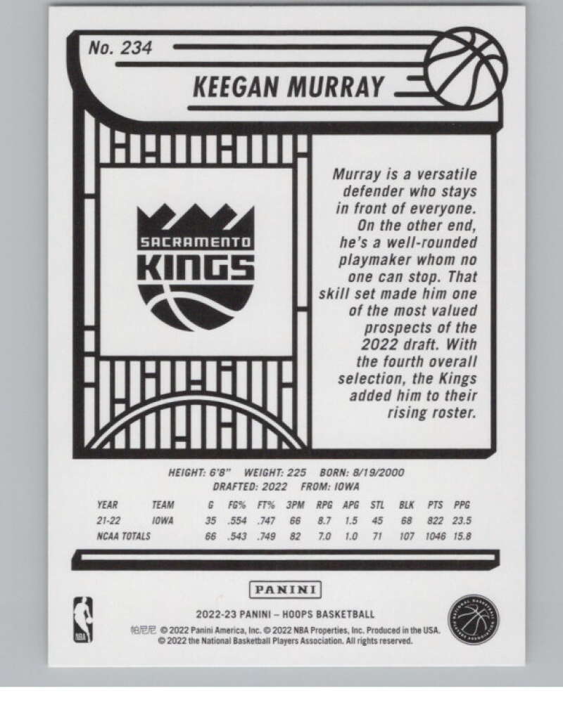 2022-23 Panini NBA Hoops #234 Keegan Murray  RC Rookie Sacramento  V101381 Image 2