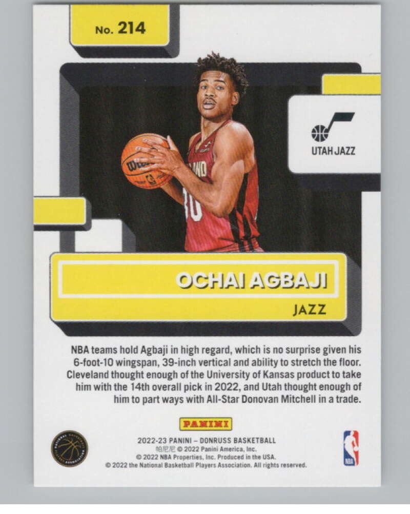 2022-23 Donruss #214 Ochai Agbaji Rated Rookie  RC Rookie Utah Jazz  V101385 Image 2