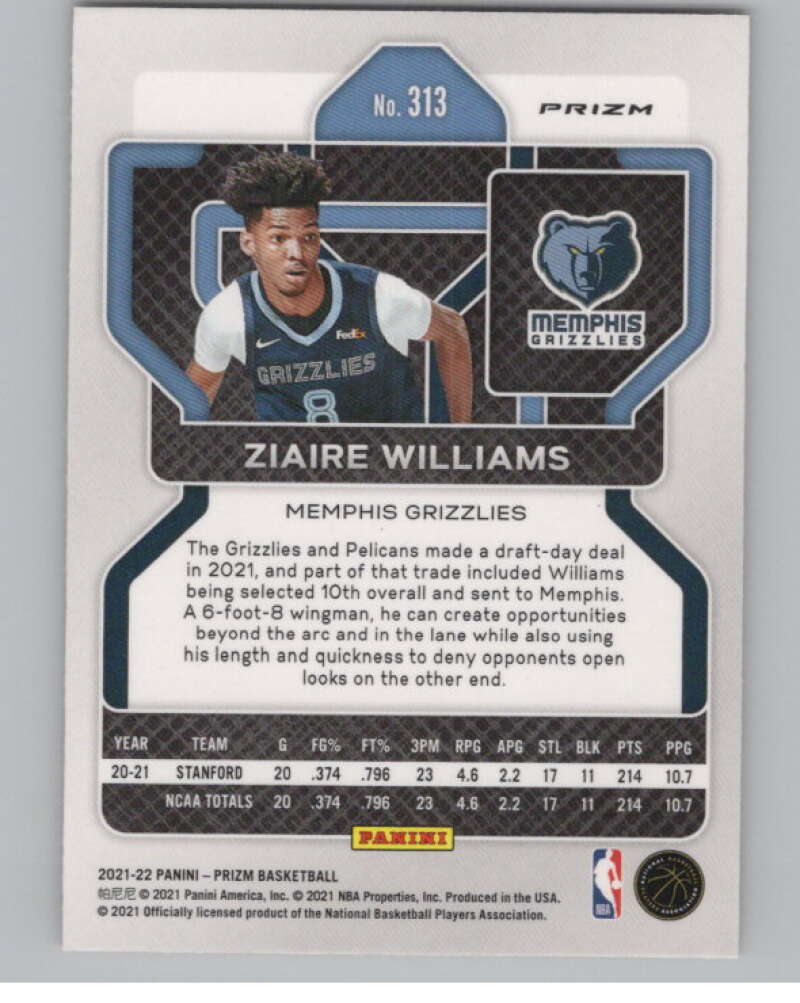 2021-22 Panini Prizm Prizms Orange Ice #313 Ziaire Williams Memphis  V101387 Image 2