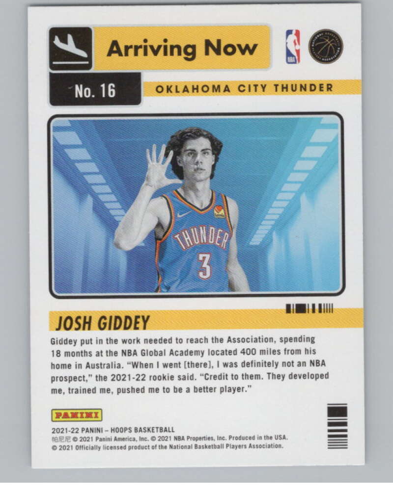2021-22 Panini Hoops Arriving Now #16 Josh Giddey Thunder  V101392 Image 2
