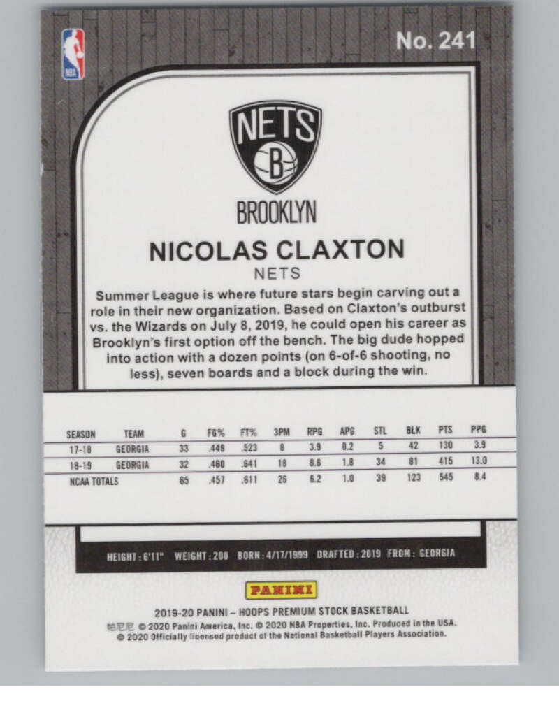 2019-20 Panini Hoops Premium Stock Silver Prizm #241 Nicolas Claxton  V101397 Image 2