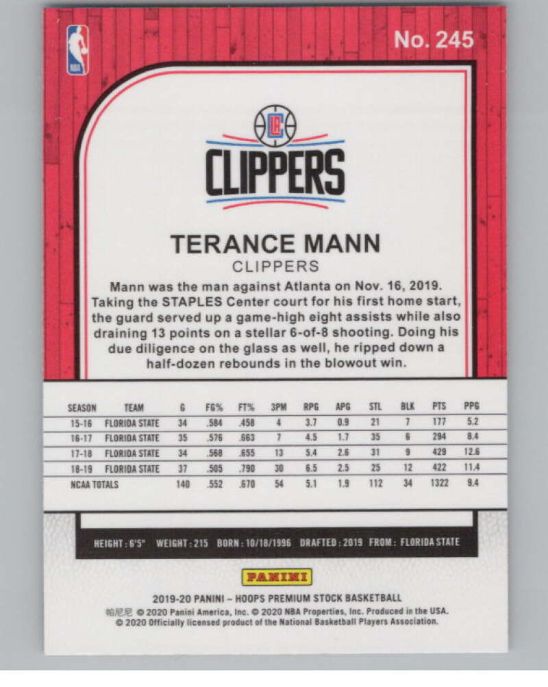 2019-20 Panini Hoops Premium Stock Silver Prizm #245 Terance Mann  V101398 Image 2