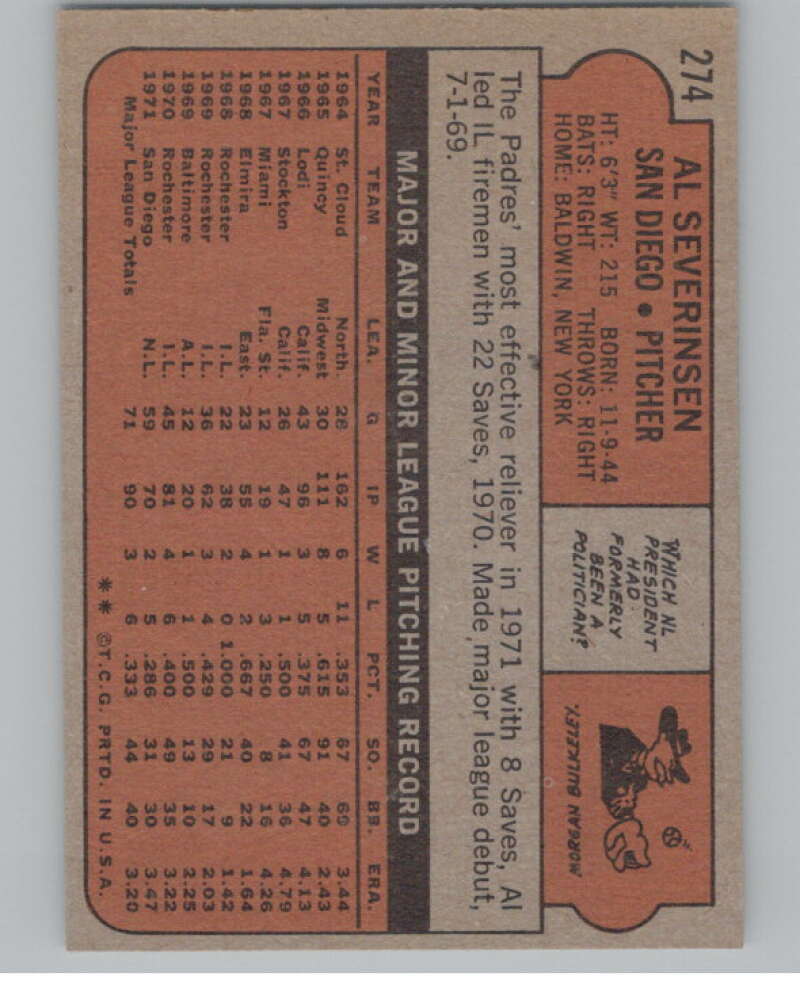 1972 Topps #274 Al Severinsen  San Diego Padres  V101404 Image 2