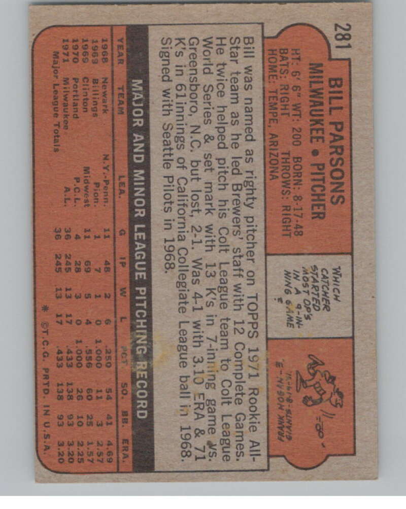 1972 Topps #281 Bill Parsons  RC Rookie Milwaukee Brewers  V101407 Image 2