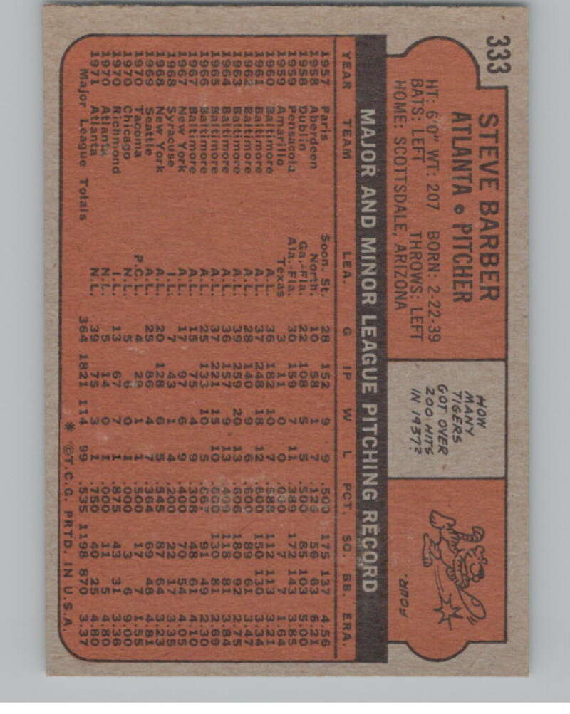 1972 Topps #333 Steve Barber  Atlanta Braves  V101419 Image 2