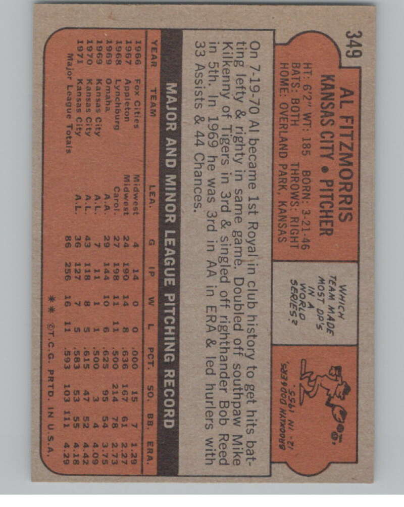 1972 Topps #349 Al Fitzmorris  Kansas City Royals  V101421 Image 2