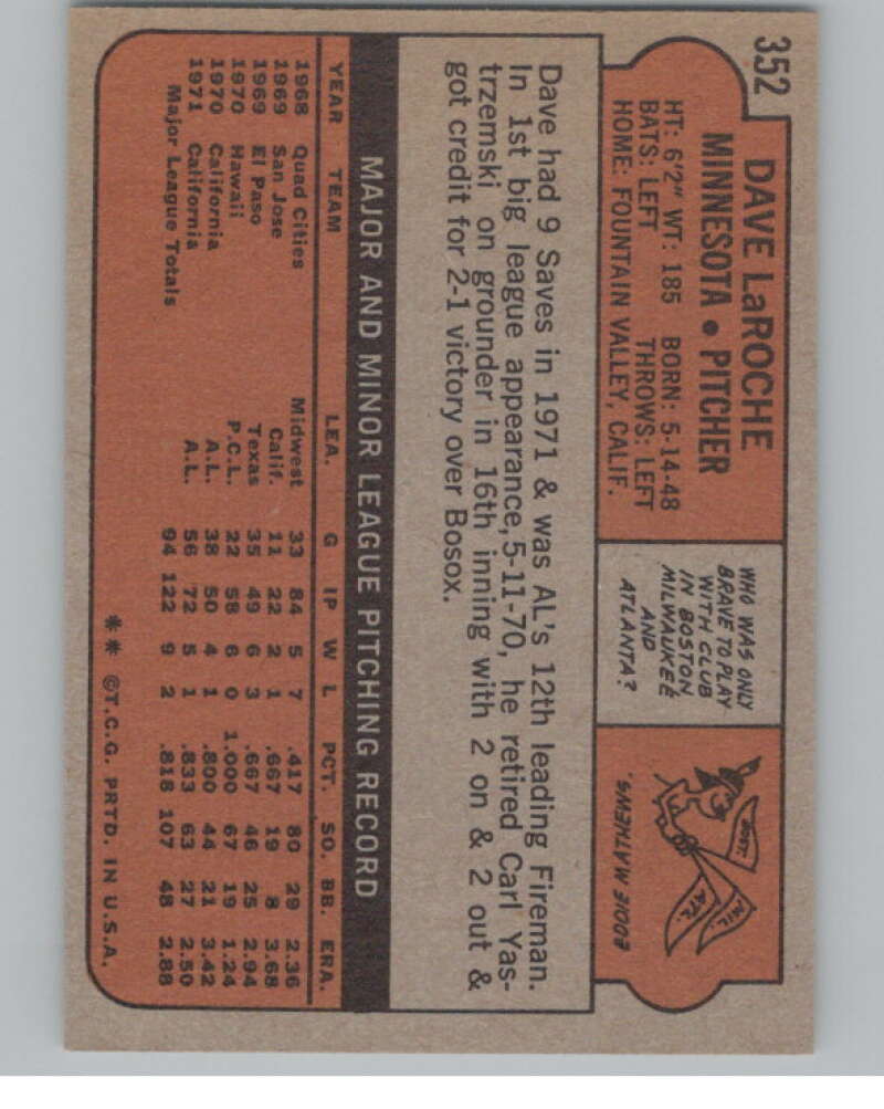 1972 Topps #352 Dave LaRoche  Minnesota Twins  V101423 Image 2