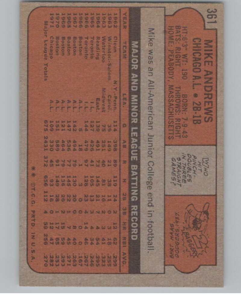 1972 Topps #361 Mike Andrews  Chicago White Sox  V101427 Image 2