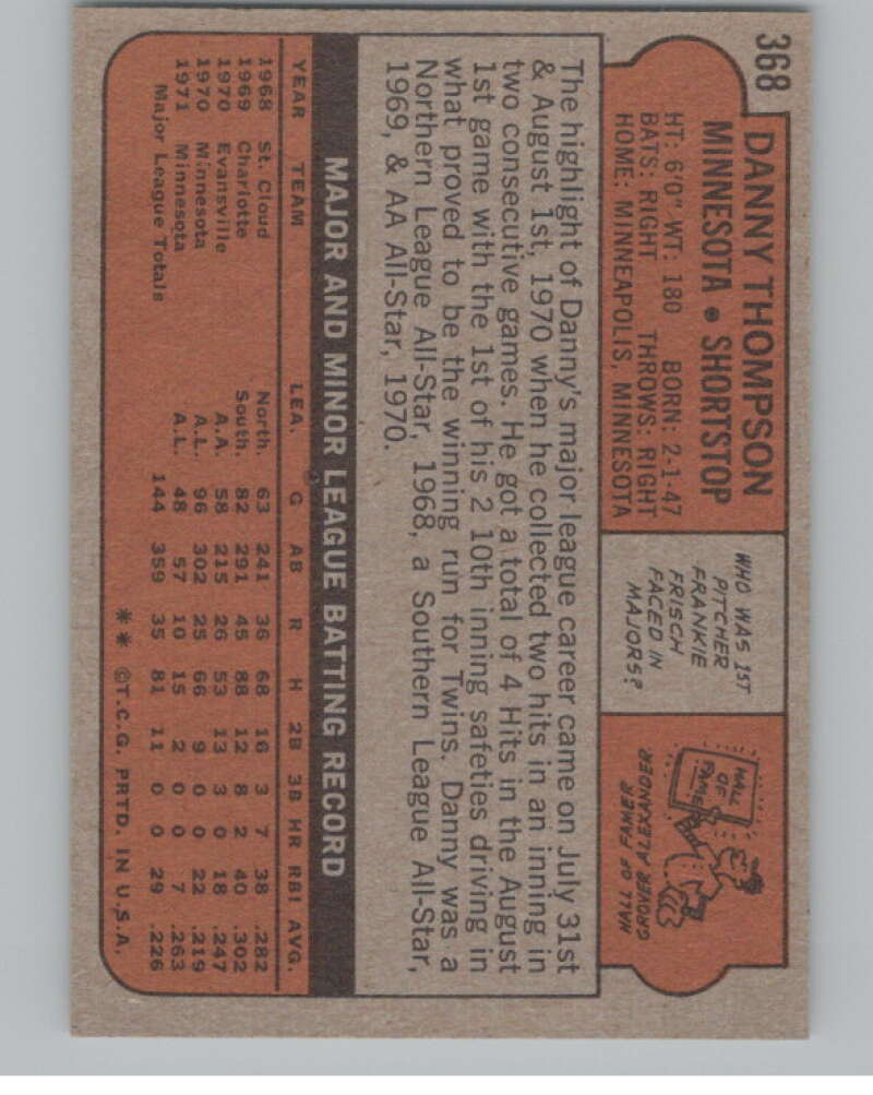 1972 Topps #368 Danny Thompson  Minnesota Twins  V101429 Image 2