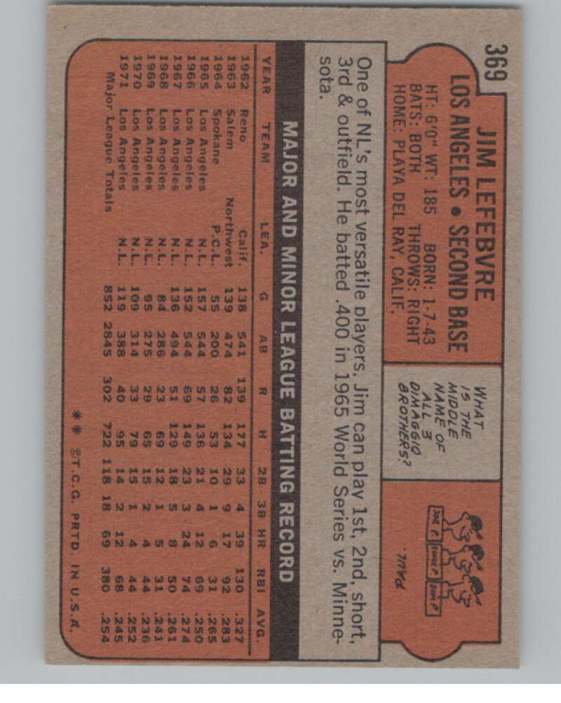 1972 Topps #369 Jim Lefebvre  Los Angeles Dodgers  V101430 Image 2
