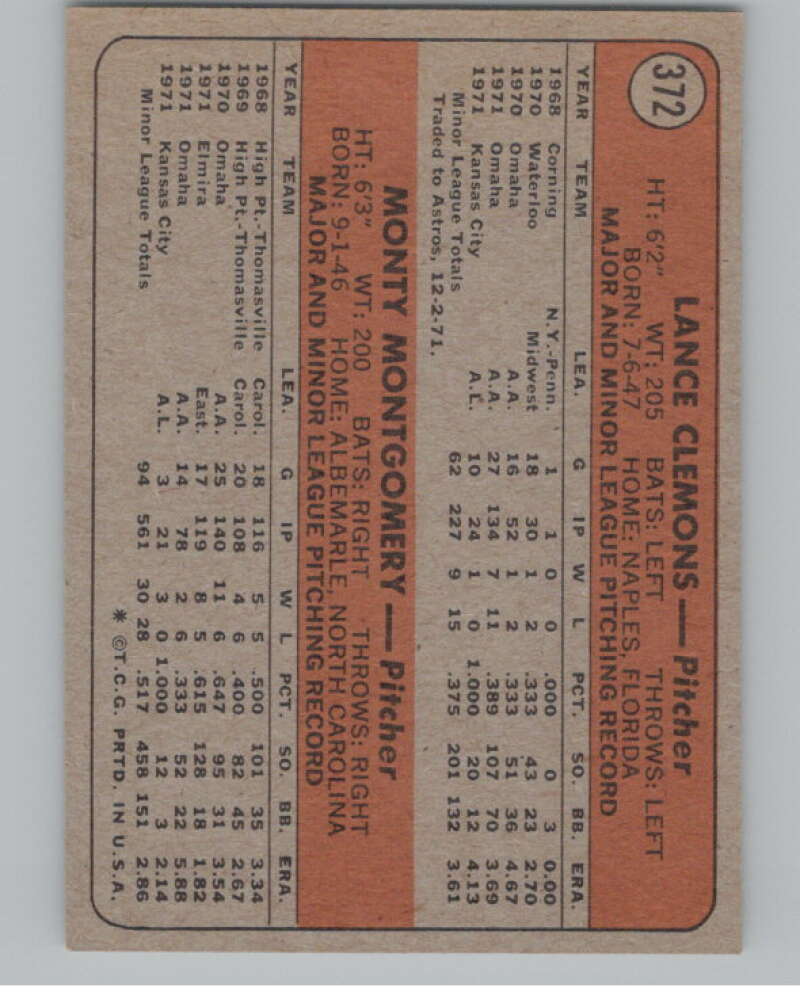 1972 Topps #372 Clemons/Montgomery Rookies  RC Rookie Royals  V101431 Image 2