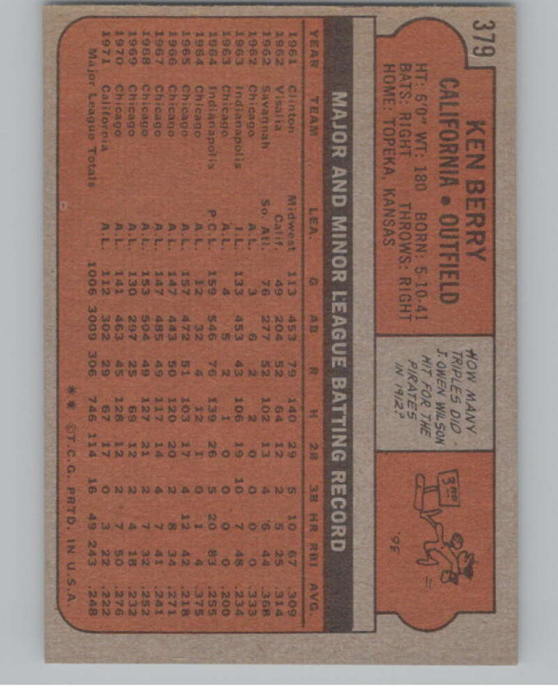 1972 Topps #379 Ken Berry  California Angels  V101434 Image 2