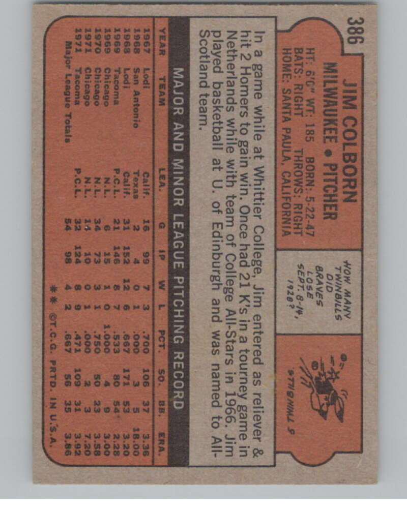 1972 Topps #386 Jim Colborn  Milwaukee Brewers  V101436 Image 2