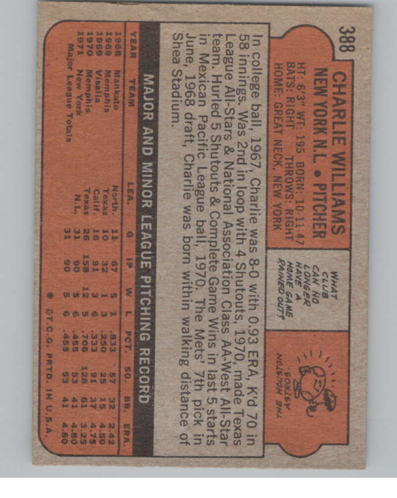 1972 Topps #388 Charlie Williams  RC Rookie New York Mets  V101437 Image 2