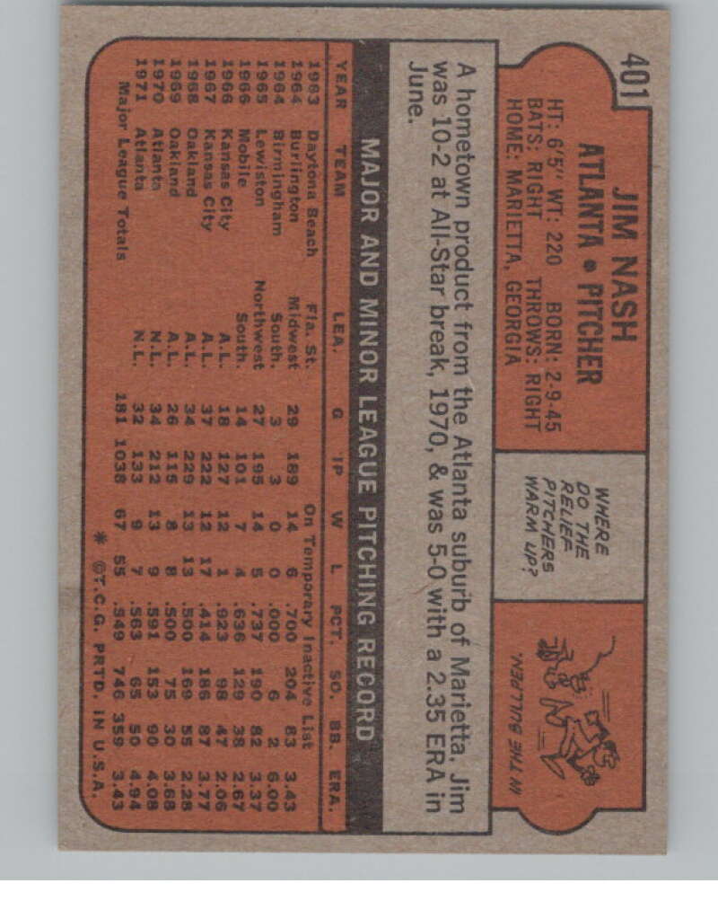 1972 Topps #401 Jim Nash  Atlanta Braves  V101441 Image 2