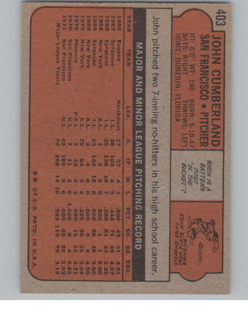 1972 Topps #403 John Cumberland  San Francisco Giants  V101443 Image 2
