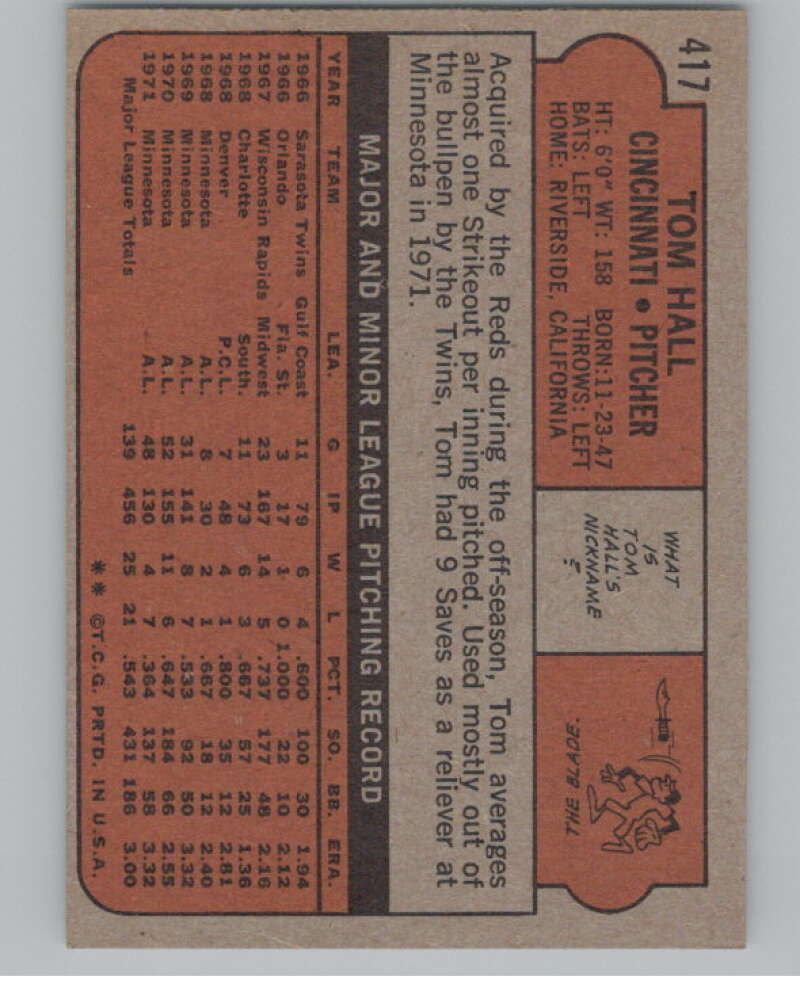 1972 Topps #417 Tom Hall  Cincinnati Reds  V101447 Image 2