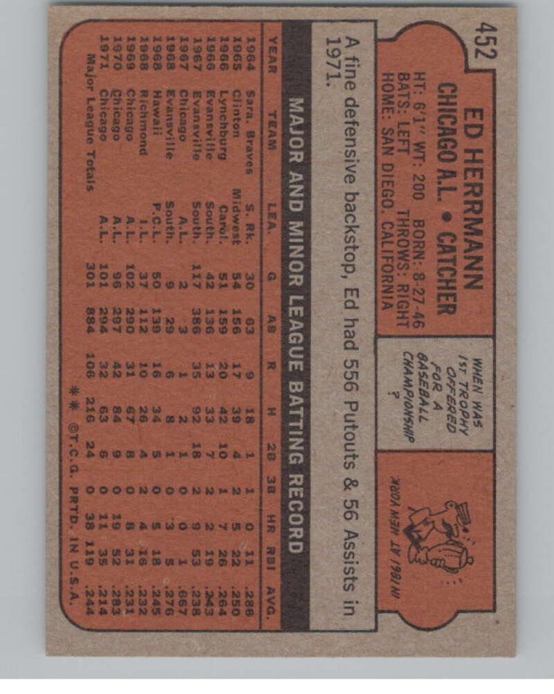 1972 Topps #452 Ed Herrmann  Chicago White Sox  V101452 Image 2
