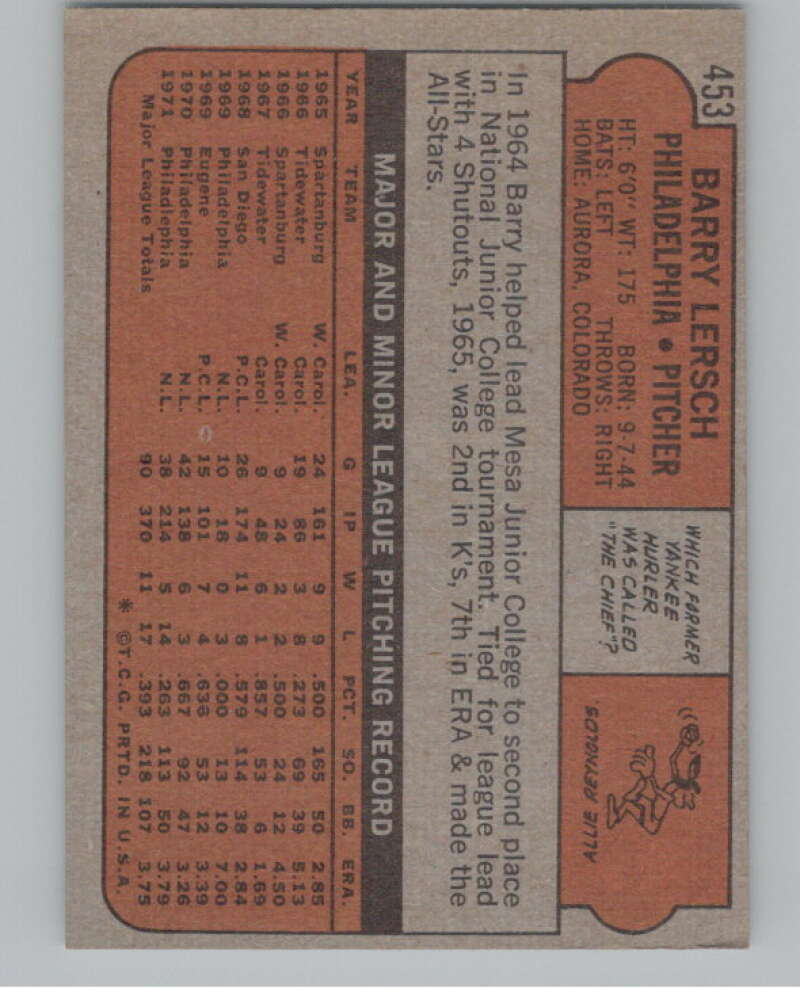 1972 Topps #453 Barry Lersch  Philadelphia Phillies  V101453 Image 2