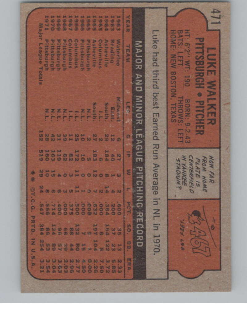 1972 Topps #471 Luke Walker  Pittsburgh Pirates  V101457 Image 2