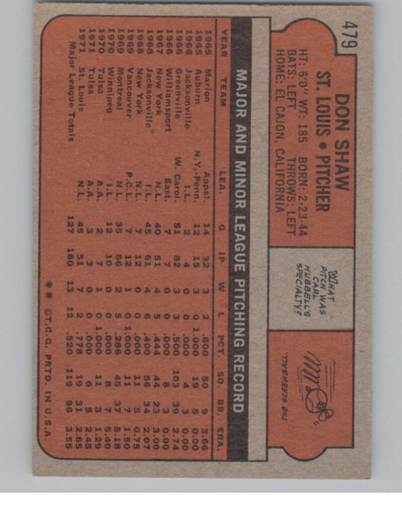 1972 Topps #479 Don Shaw  St. Louis Cardinals  V101458 Image 2