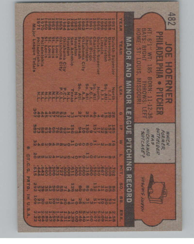 1972 Topps #482 Joe Hoerner  Philadelphia Phillies  V101459 Image 2