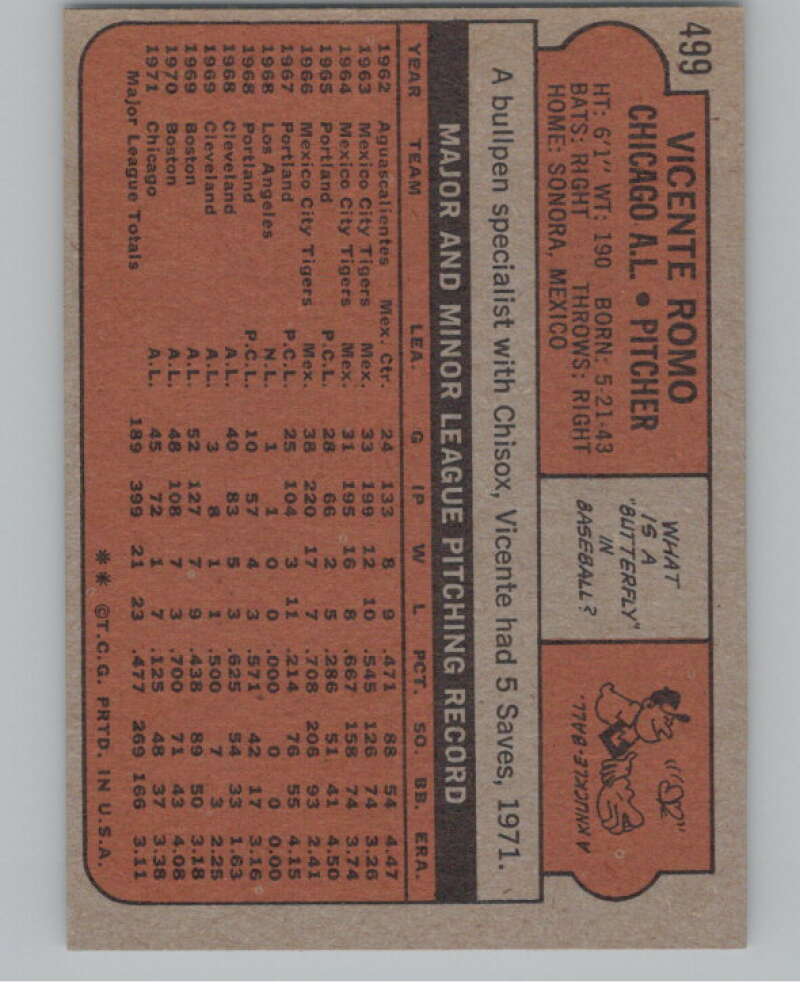 1972 Topps #499 Vicente Romo  Chicago White Sox  V101462 Image 2