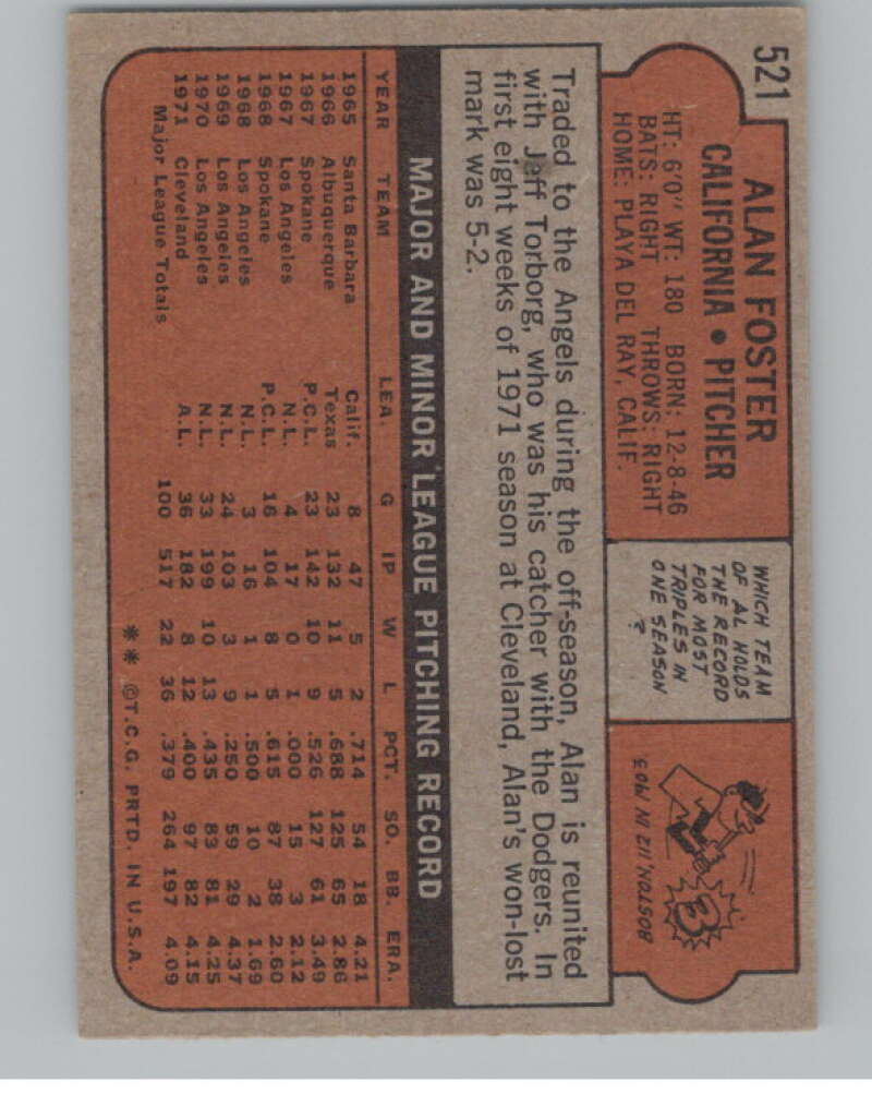 1972 Topps #521 Alan Foster  California Angels  V101468 Image 2