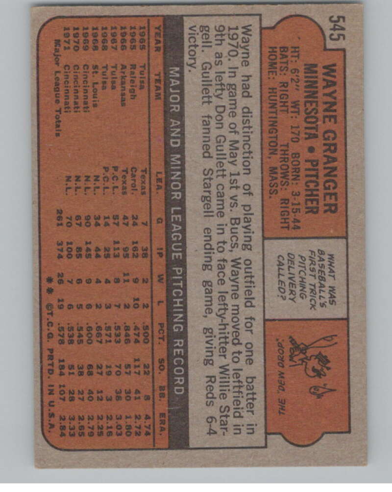 1972 Topps #545 Wayne Granger  Minnesota Twins  V101471 Image 2