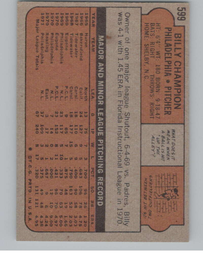 1972 Topps #599 Billy Champion  Philadelphia Phillies  V101478 Image 2