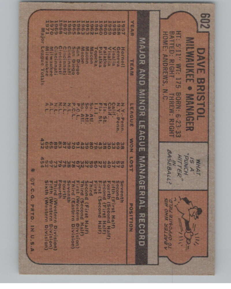 1972 Topps #602 Dave Bristol MG  Milwaukee Brewers  V101479 Image 2