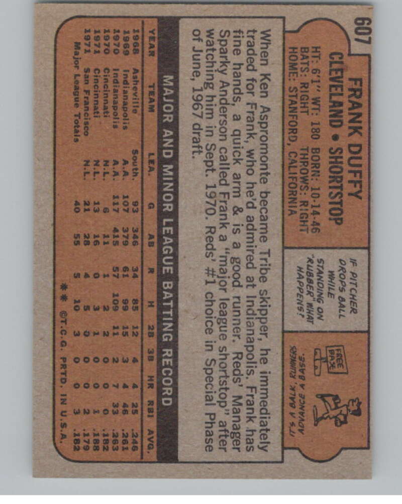 1972 Topps #607 Frank Duffy  Cleveland Indians  V101481 Image 2