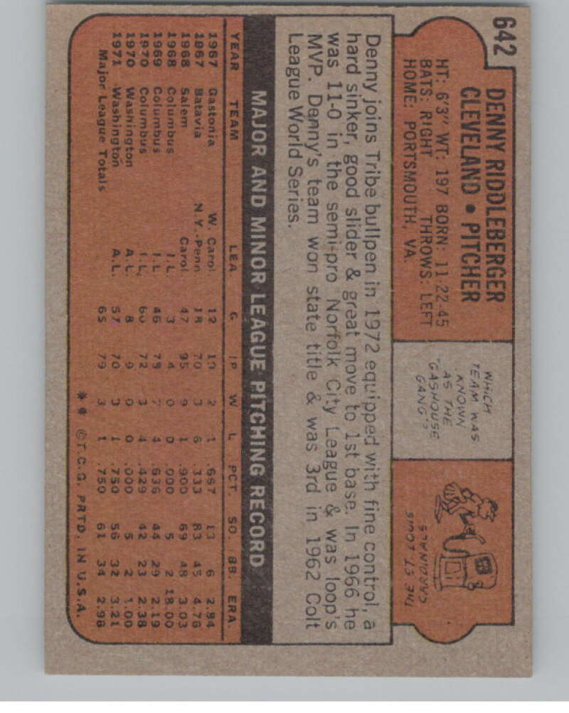 1972 Topps #642 Denny Riddleberger  RC Rookie Cleveland  V101484 Image 2