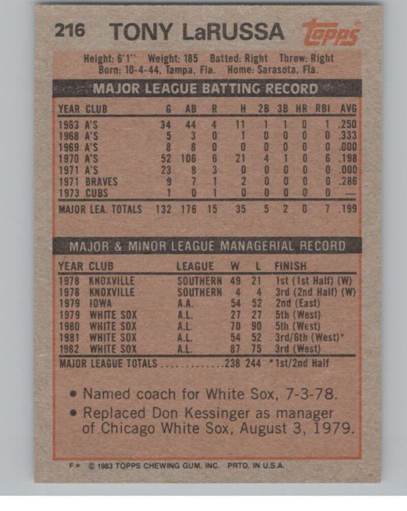 1983 Topps #216 Tony LaRussa MG  Chicago White Sox  V101486 Image 2