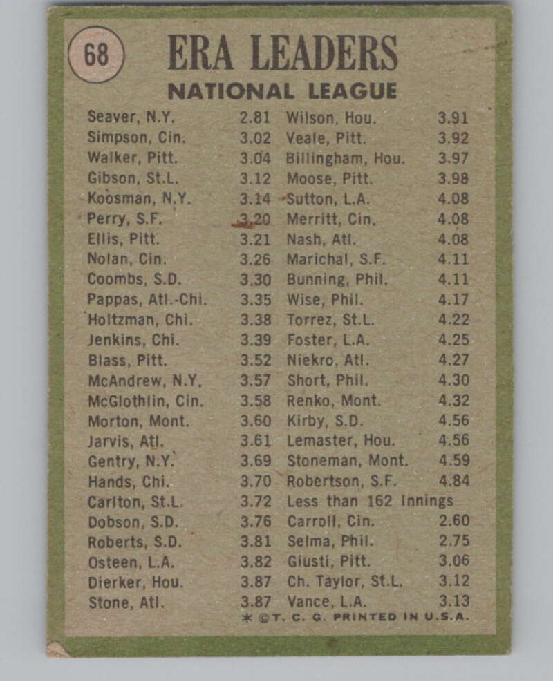 1971 Topps #68 Tom Seaver/Wayne Simpson/Walker NL ERA Leaders  V101490 Image 2