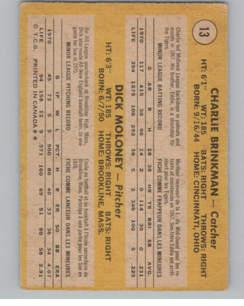 1971 O-Pee-Chee #13 Charlie Brinkman/Dick Moloney RC Rookie Sox  V101492 Image 2