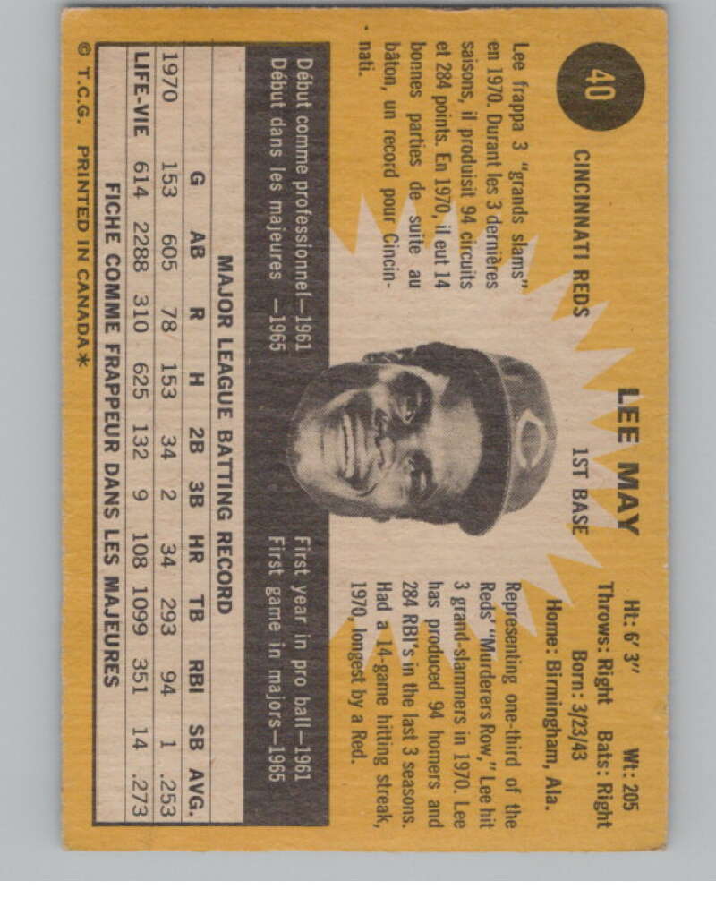 1971 O-Pee-Chee #40 Lee May  Cincinnati Reds  V101499 Image 2