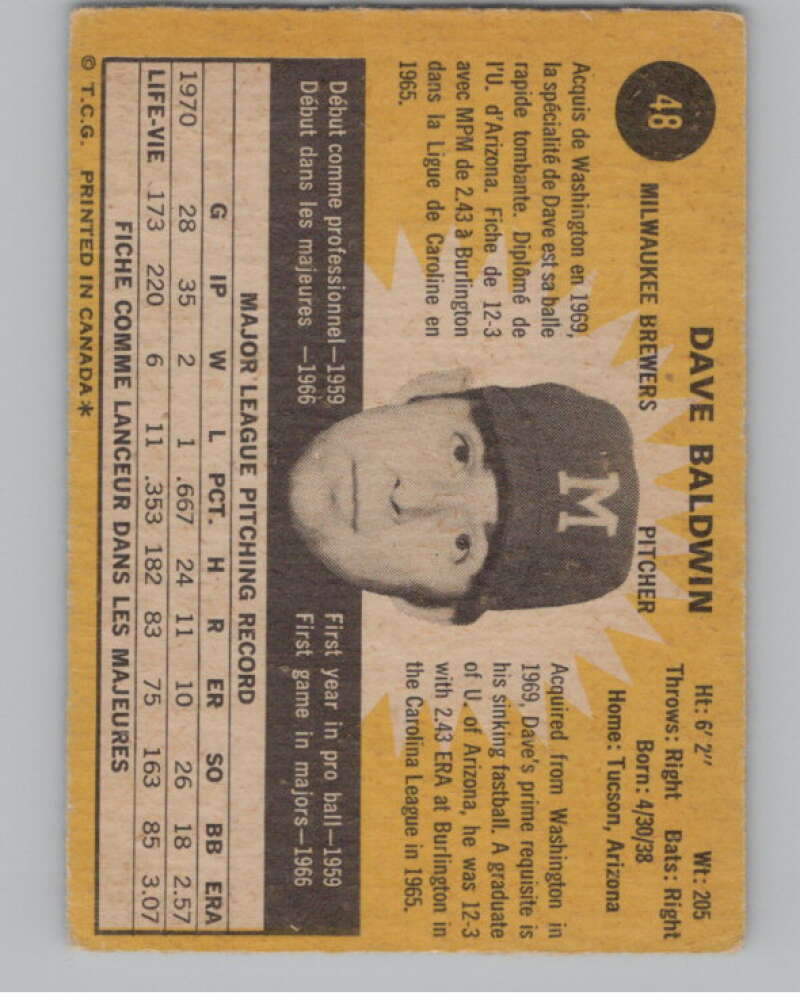 1971 O-Pee-Chee #48 Dave Baldwin  Milwaukee Brewers  V101501 Image 2