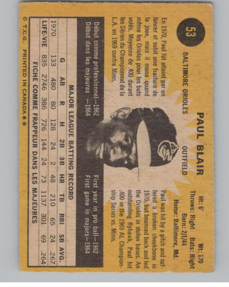 1971 O-Pee-Chee #53 Paul Blair  Baltimore Orioles  V101503 Image 2