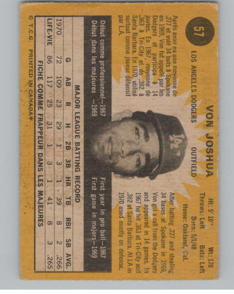 1971 O-Pee-Chee #57 Von Joshua  RC Rookie Los Angeles Dodgers  V101505 Image 2