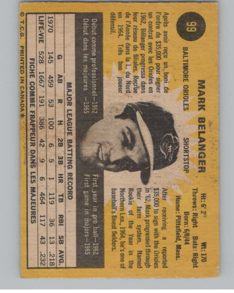 1971 O-Pee-Chee #99 Mark Belanger  Baltimore Orioles  V101511 Image 2